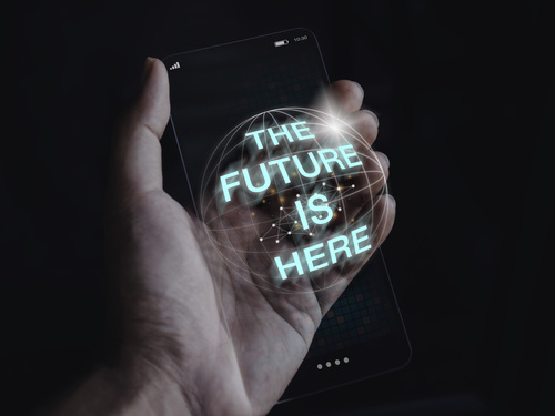Futuristic Modern Transparent Glass Phone Technology Concept Future Is Here 3d Text Future Slim Transparent Smartphone Hand Dark Tone Background